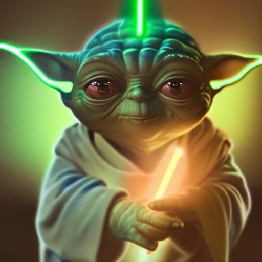 a star wars yoda holding a green light saber