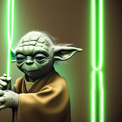a star wars yoda holding a green light saber