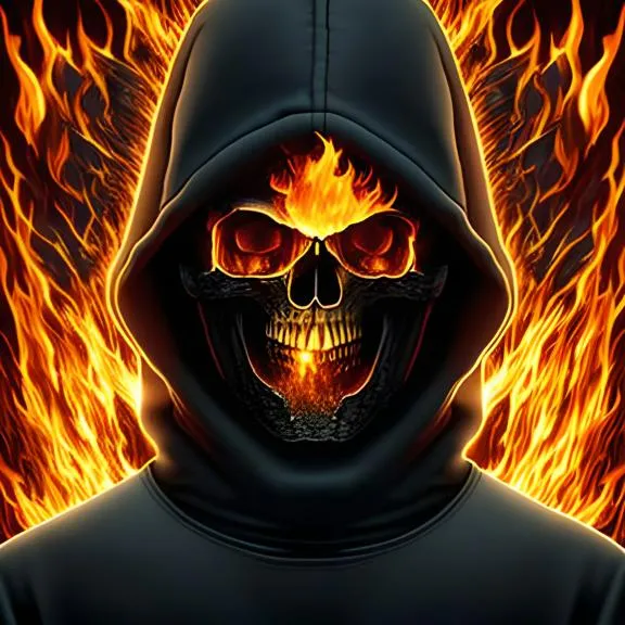 a man in a hoodie with a fire skull on his face