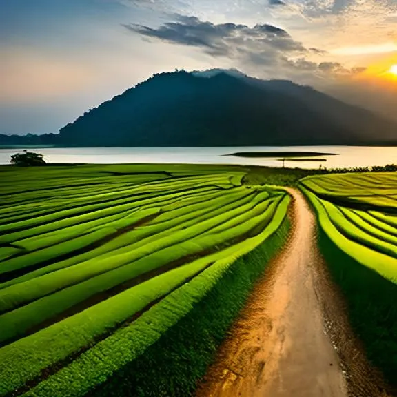 a green field with a dirt road going through it