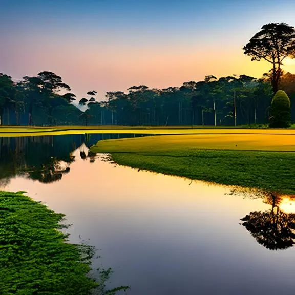 the sun is setting over a golf course