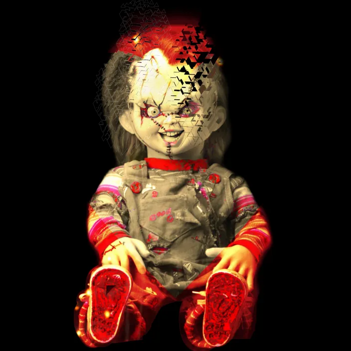 a creepy doll sitting on top of a black floor