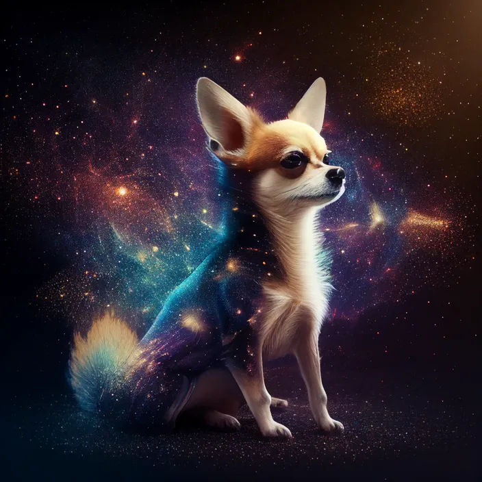 a small dog sitting in the middle of a space filled with stars