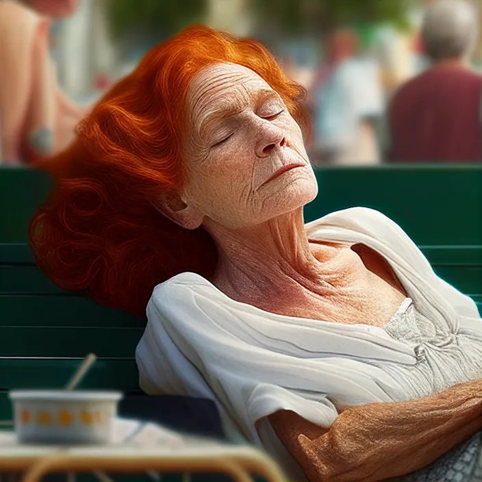 a woman with red hair laying on a green bench