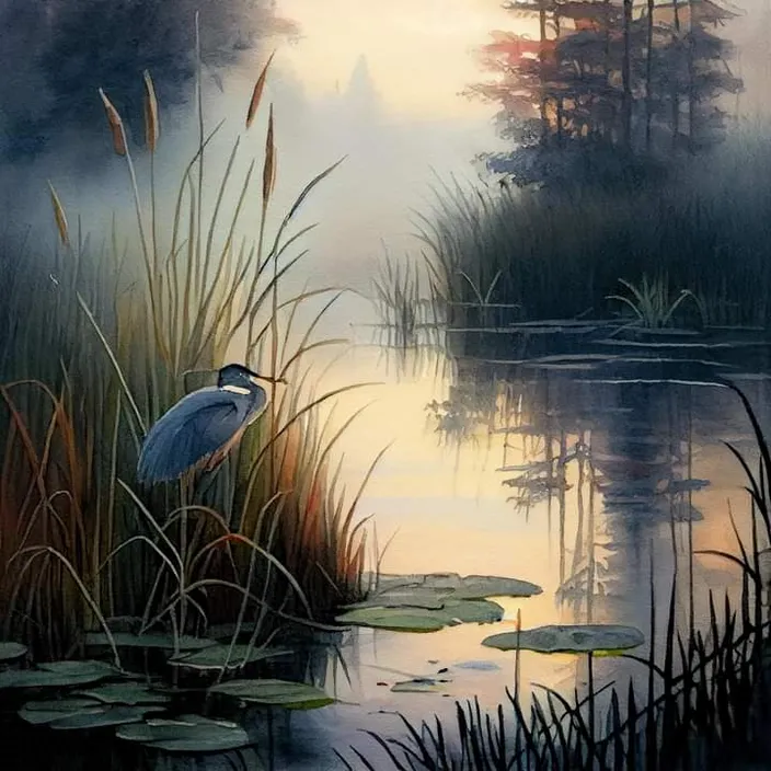 a painting of a blue heron sitting on top of a lake