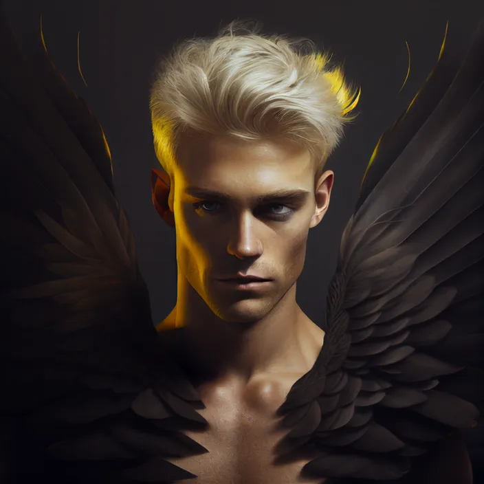 a man with blonde hair and black wings