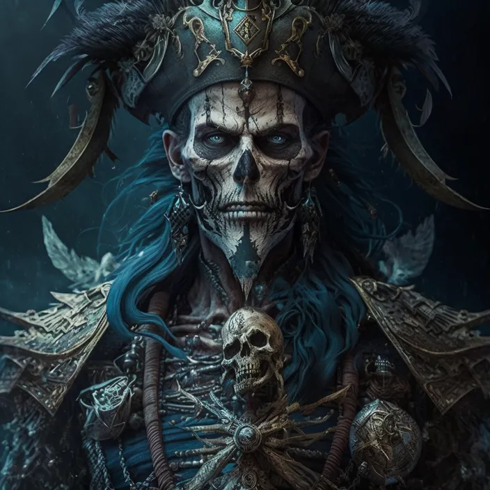 a skeleton wearing a hat with horns and a skull on it