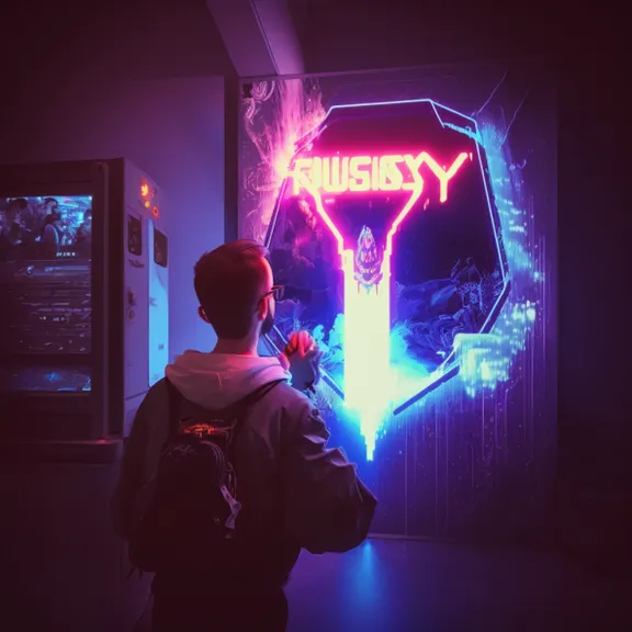 a man standing in front of a neon sign