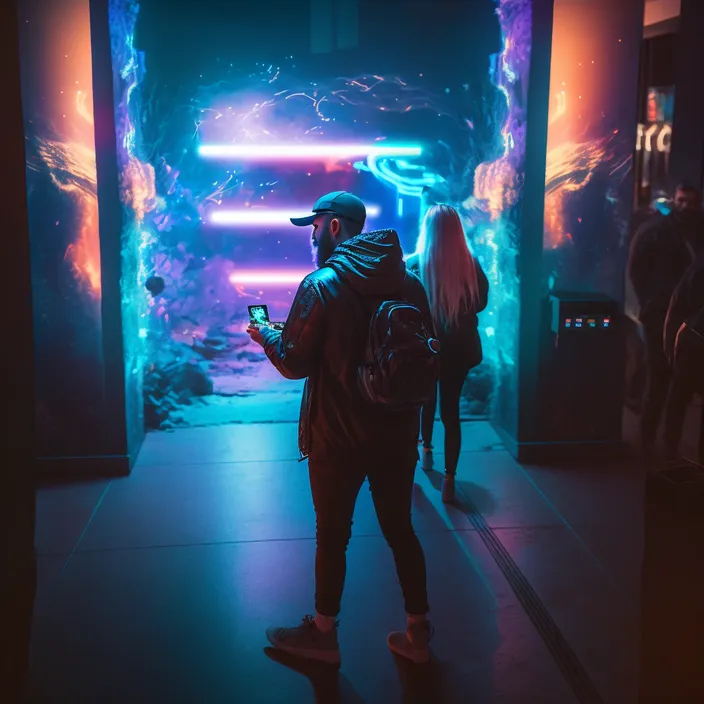 a man standing in front of a wall with neon lights