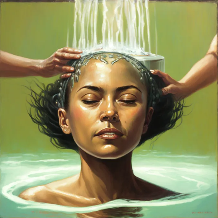 a painting of a woman getting her hair washed