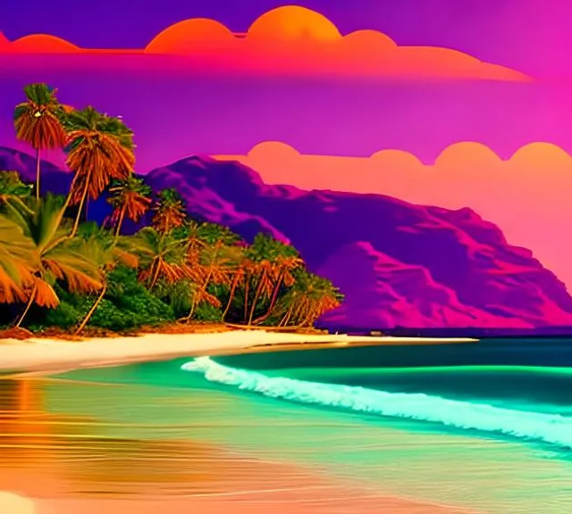 a painting of a tropical beach with palm trees