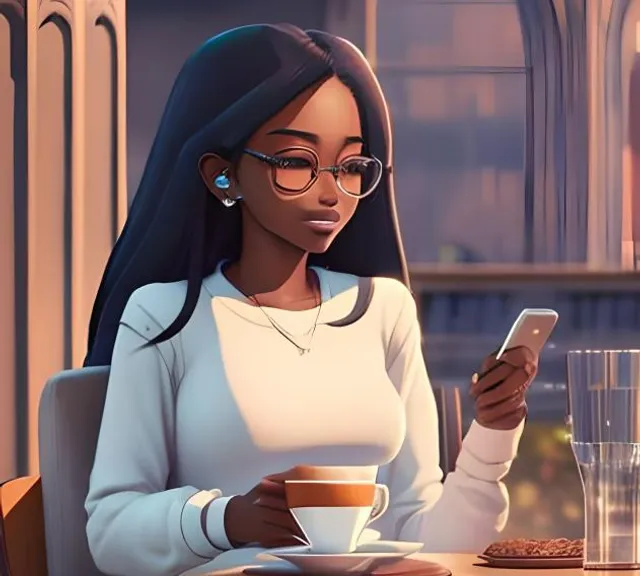 a woman sitting at a table with a cup of coffee and a cell phone