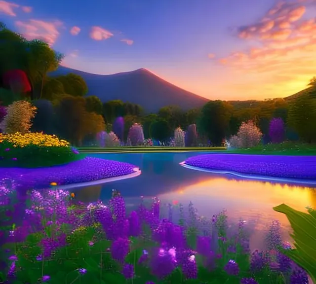 a painting of a lake surrounded by purple flowers