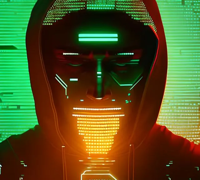 a man in a hoodie with a neon light on his face