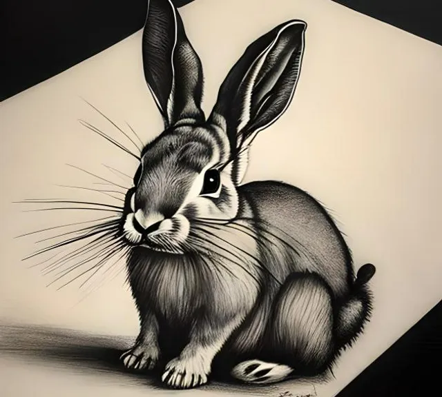 a black and white drawing of a rabbit