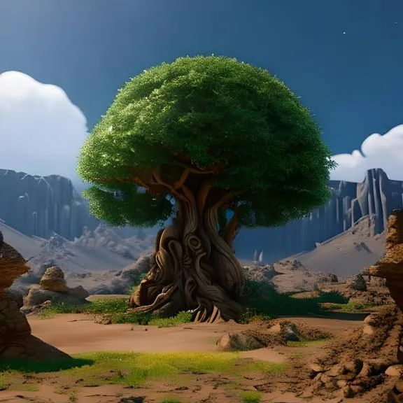 a tree in the middle of a desert with mountains in the background