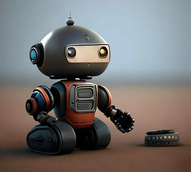 a small robot sitting next to a cell phone