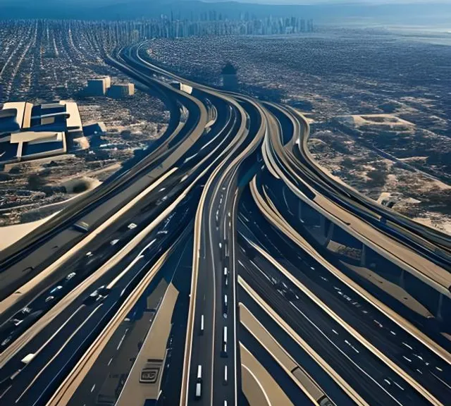 an aerial view of a highway in the desert