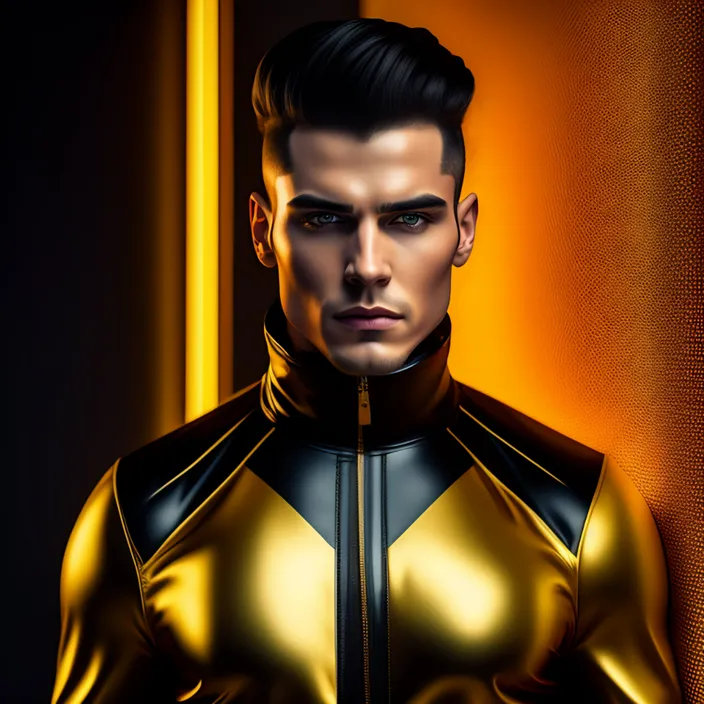a man in a gold and black suit