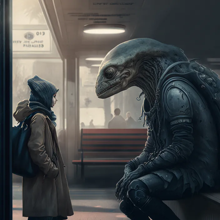 a man in a trench coat standing next to an alien