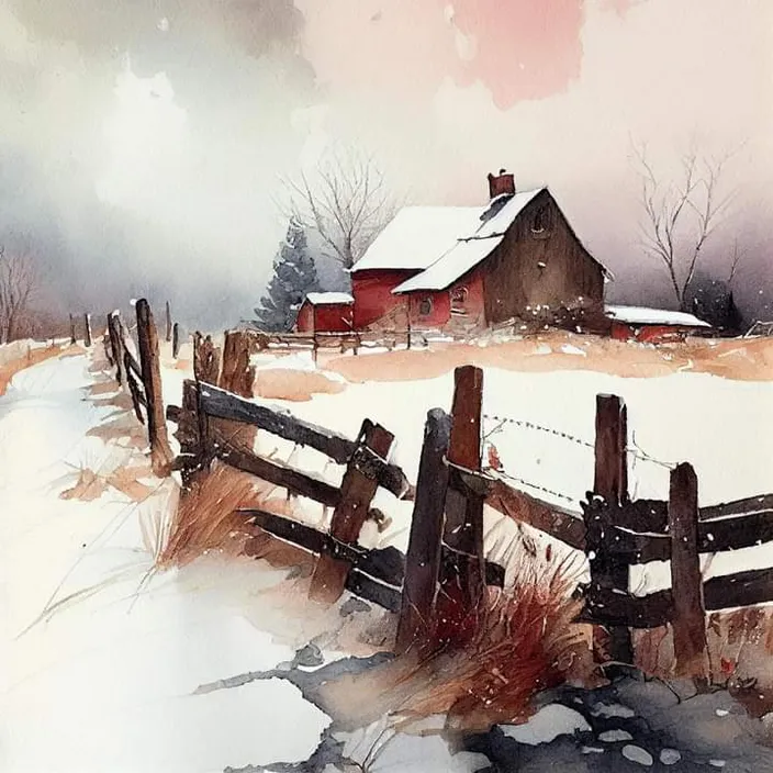 a painting of a snow covered farm with a fence