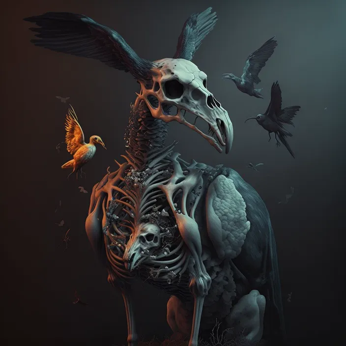 a skeleton horse with a bird on its back