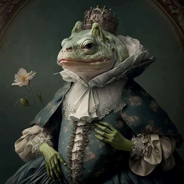 a frog wearing a blue dress and a crown