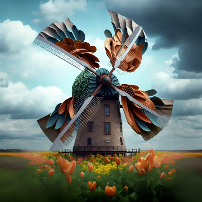 a painting of a windmill in a field of flowers