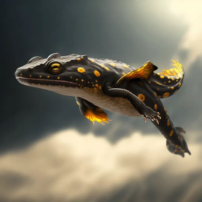 a black and yellow frog floating in the air