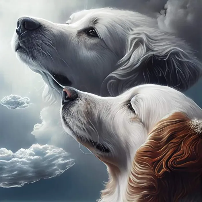 two dogs are looking up at a cloudy sky