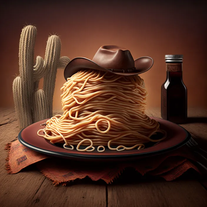 a plate of spaghetti with a cowboy hat on it