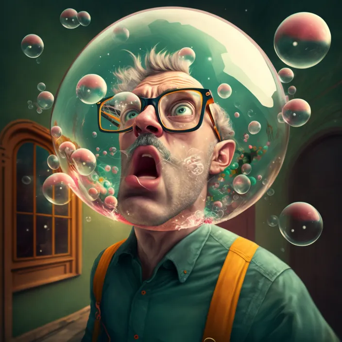 a man with glasses blowing bubbles over his face