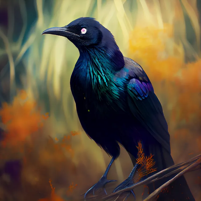 a painting of a black bird sitting on a branch