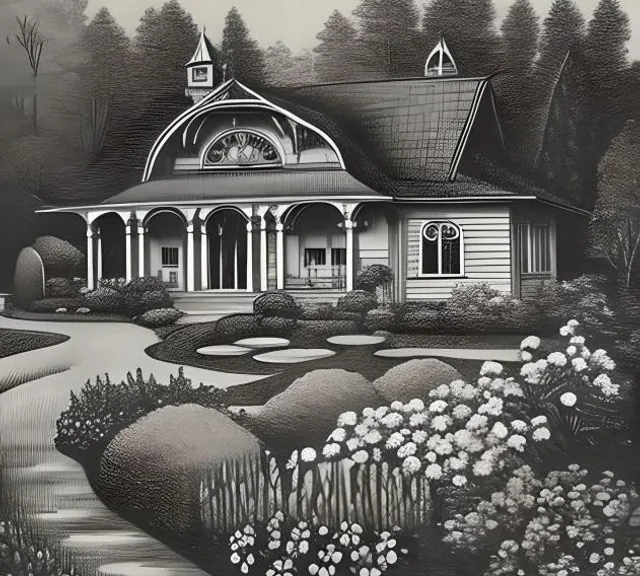 a black and white drawing of a house