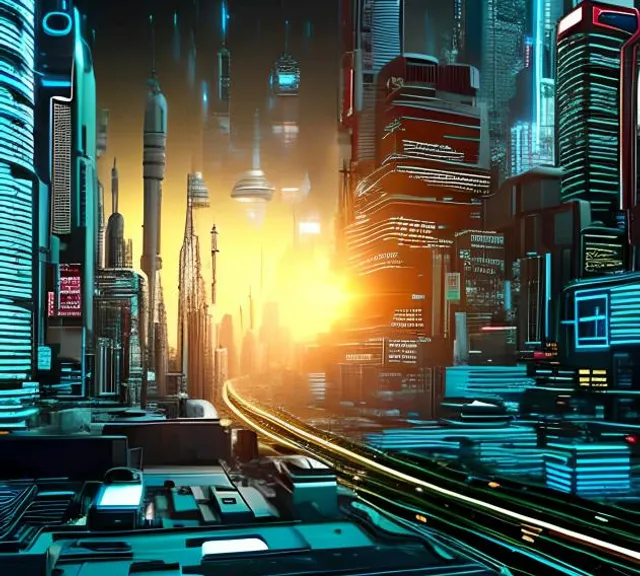 a futuristic city with a train going through it