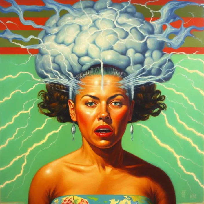 a painting of a woman with a brain on her head