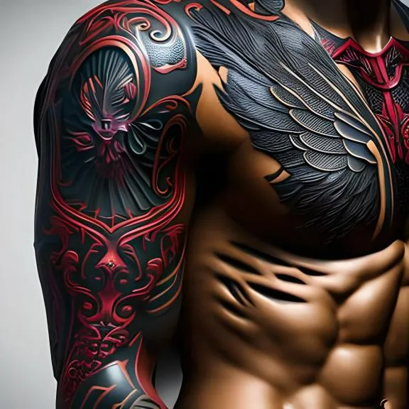 a man with a tattoo on his arm and chest