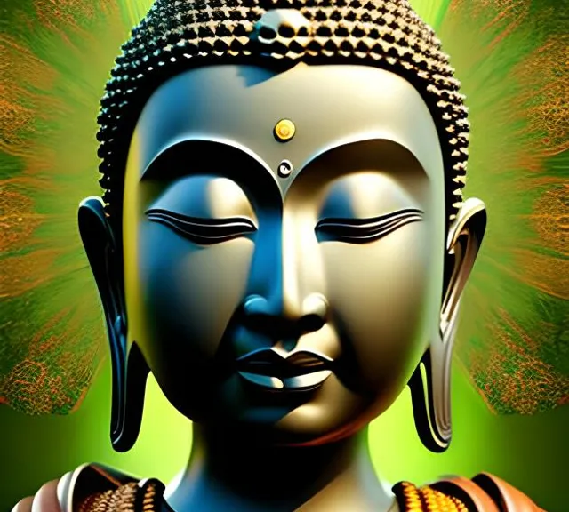 a buddha statue with a green background