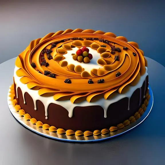 a cake with chocolate and orange icing on a table