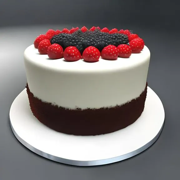 a white and red cake with berries on top