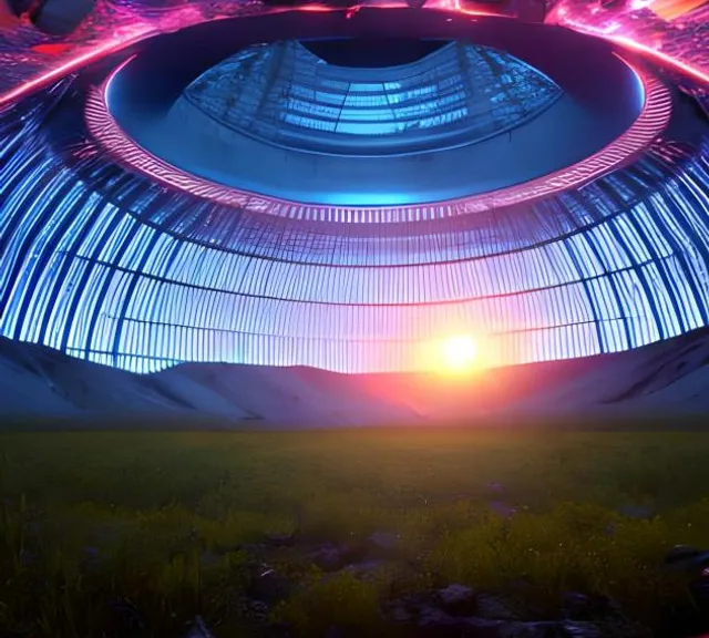 a futuristic building with a bright light in the middle of it