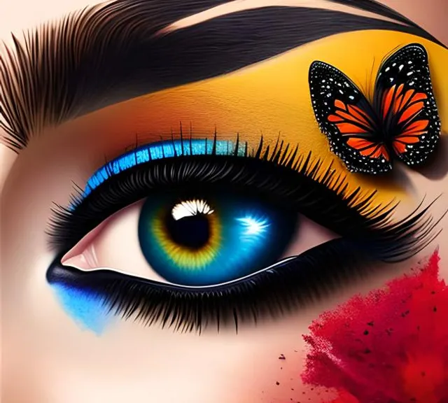 a close up of a woman's eye with a butterfly on it