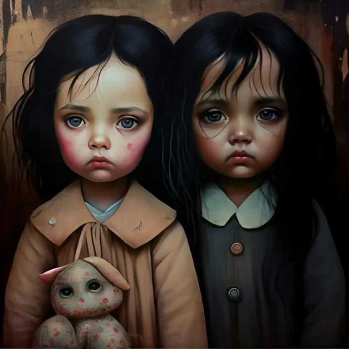 a painting of two little girls holding a teddy bear