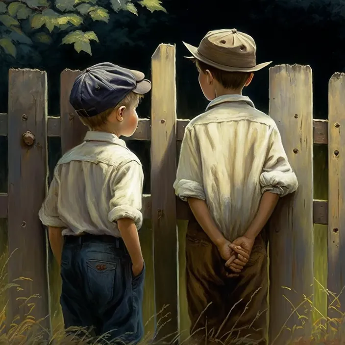 a painting of two boys standing next to each other