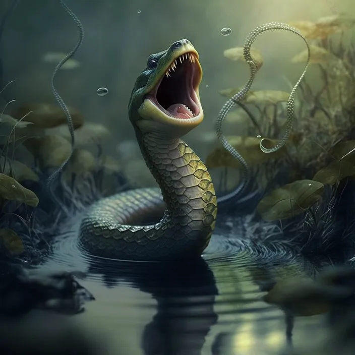 a snake is in the water with its mouth open