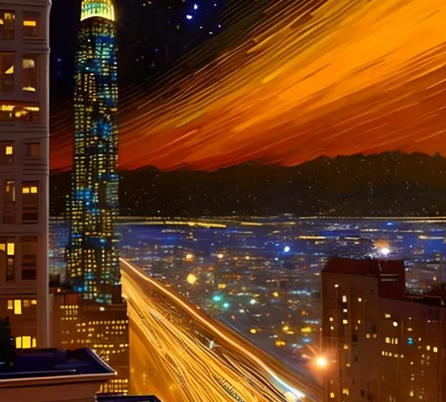 a painting of a city skyline at night