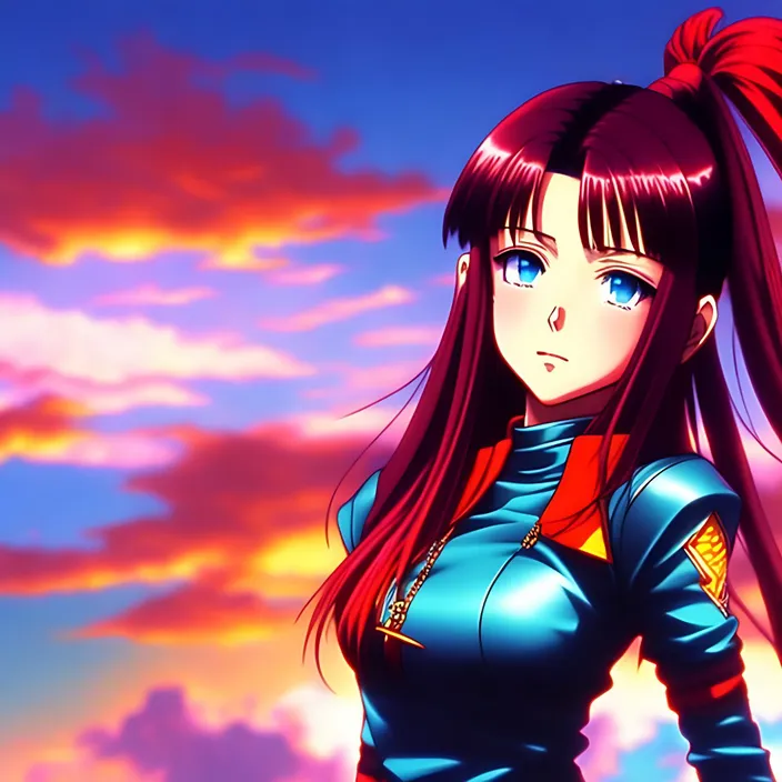 a woman with long red hair standing in front of a sunset