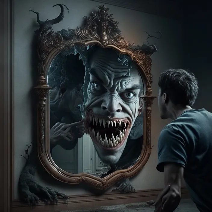 a man is looking at a creepy mirror