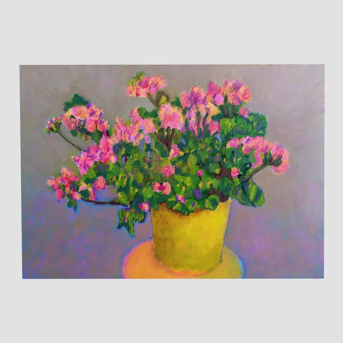 a painting of pink flowers in a yellow pot