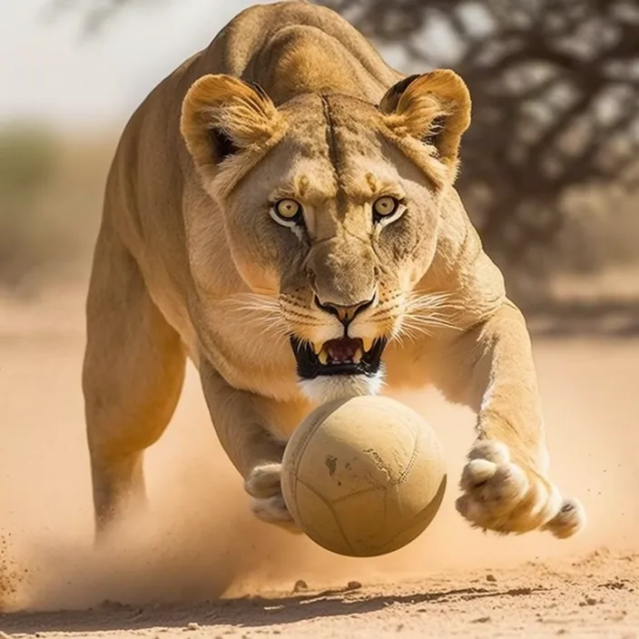 a lion running with a ball in its mouth